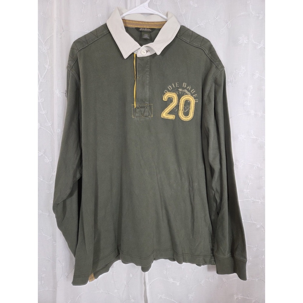 Eddie Bauer Olive Green Long Sleeve Collar Rugby Shirt XL